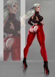 ass ass_focus bare_back boots breasts dandon_fuga edelgard_von_hresvelg exposed_ass female fire_emblem fire_emblem:_three_houses heels high_heels latex leggings legs long_hair looking_at_viewer looking_back nintendo purple_eyes sideboob solo suggestive_look torn_clothes tugging_clothing white_hair