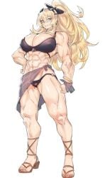 1girls abs barghest_(gawain)_(fate) big_breasts bikini blonde_female blonde_hair blue_eyes fate/grand_order fate_(series) feet full-length full-length_portrait full_length full_length_portait heterochromia huge_breasts looking_to_the_side minew muscular_female pink_eyes ponytail sandals smiling toeless_footwear toes