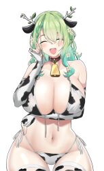 1girls 2022 alternate_version_available bikini breasts ceres_fauna cleavage closed_eyes cow_bikini cow_ears cow_print desspie female female_only flower_in_hair green_hair hair_ornament hololive hololive_english hololive_english_-council- hololive_english_-promise- huge_breasts light-skinned_female light_skin long_hair looking_at_viewer smile virtual_youtuber