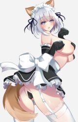 1girls animal_ears ass blue_eyes blush breasts covered_nipples covered_pussy date_a_live garter_straps hair_ornament highres huge_breasts legwear looking_at_viewer maid maid_uniform no_panties short_hair simple_background solo_focus standing tail tobiichi_origami white_background white_hair white_legwear yuki_kuro