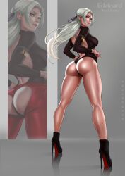 ass bare_back bare_legs breasts dandon_fuga edelgard_von_hresvelg female fire_emblem fire_emblem:_three_houses heels high_heels legs leotard long_hair looking_at_viewer looking_back nintendo purple_eyes shiny_skin sideboob solo suggestive_look tugging_clothing white_hair