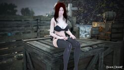 black_desert_online black_stockings black_underwear blue_eyes half-dressed lahn nipples_visible_through_clothing realistic red_hair screencap stockings stockings_thigh_highs young younger_female