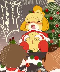 absurd_res animal_crossing anthro anus bottle canid canine canis clothing domestic_dog drunk female genitals group hi_res isabelle_(animal_crossing) mammal nintendo presenting presenting_pussy pussy sake_kemosalmon shih_tzu text thick_thighs toy_dog