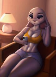 2022 anthro aozee athletic athletic_female black_pupils breasts clothing digital_media_(artwork) disney eyebrows eyelashes female female_only furry furry_female furry_only grey_body inside judy_hopps lagomorph lagomorph_humanoid lamp looking_at_phone mammal mammal_humanoid no_humans purple_eyes rabbit rabbit_humanoid red_nose shorts sitting small_breasts smartphone sofa solo solo_female tagme thick_thighs white_sclera zootopia