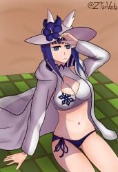 1girls alternate_costume ass_visible_through_thighs bangs bare_midriff beach bikini blue_eyes blue_hair blue_swimsuit breasts cleavage cleavage_cutout coat female female_only fire_emblem fire_emblem_heroes frown hat large_breasts long_sleeves medium_hair midriff nifl_(fire_emblem) nifl_(summer)_(fire_emblem) nintendo official_alternate_costume outdoors sitting solo sun_hat swimsuit towel white_bikini white_swimsuit ztarvzla