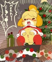 absurd_res animal_crossing anthro anus bottle canid canine canis clothing domestic_dog drunk female genitals group hi_res isabelle_(animal_crossing) mammal nintendo presenting presenting_pussy pussy sake_kemosalmon shih_tzu text thick_thighs toy_dog