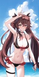 1girls beach bikini breasts brown_hair cleavage female genshin_impact hu_tao_(genshin_impact) twintails