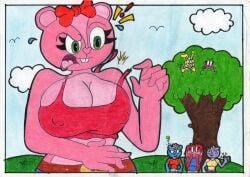 ! 5_fingers anthro big_breasts blush blushing bra breasts chipmunk clothing cuddles_(htf) electronics eyelashes flaky_(htf) freckles giggles_(htf) green_eyes happy_tree_friends in_tree lammy_(htf) mondo_media mrxrickyx nipples nipples_visible_through_clothing petunia_(htf) phone pink_body pink_fur public rabbit red_bow red_clothing red_headwear red_tank_top red_topwear rodent straps_off_shoulders tank_top thumbs_up toothy_(htf) topwear white_sclera yellow_fur