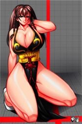 alternate_costume alternate_hairstyle bare_shoulders black_dress breasts brown_eyes brown_hair capcom china_dress chinese_clothes chun-li chun-li_(battle_ouffit_sfv) cleavage covered_erect_nipples dress female huge_breasts jadenkaiba looking_at_viewer no_bra no_panties smile solo street_fighter street_fighter_v thick_thighs thighs training_stage