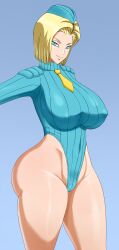 1girls alternate_version_available android_18 big_ass big_breasts blonde_female blonde_hair breasts cammy_white_(cosplay) dragon_ball dragon_ball_super female female_only milf pinkpawg shounen_jump solo street_fighter