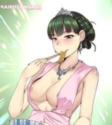 1girls areola_slip blush breasts chopsticks cleavage eating green_eyes green_hair kairos+ looking_at_viewer necklace nipples noodles ojou_(galko) oshiete!_galko-chan pale-skinned_female solo sweat