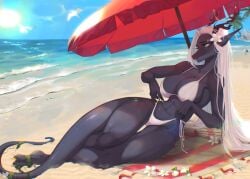 abs anthro antlers beach bikini breasts cleavage clothed clothing cloud dragon female hair hi_res horn hruriel muscular muscular_anthro muscular_female navel outside palm_tree piercing plant scalie sea seaside sky smile solo sugarmartens sun swimwear thick_thighs tree umbrella underwear water white_hair