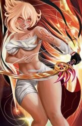 big_breasts blonde blonde_female blonde_hair cowgirl_position dantedraw female genshin_impact gigantic_breasts gold_(metal) gold_eyes light-skinned_female lipstick solo tight_clothing wide_hips yoimiya_(genshin_impact)