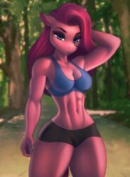 2021 abs anthro anthrofied aozee arm_behind_head athletic athletic_female black_pupils blue_eyes bra breasts digital_media_(artwork) equine equine_humanoid eyebrows eyelashes female female_only friendship_is_magic furry furry_female furry_only hair hasbro long_hair looking_at_viewer mammal mammal_humanoid mild_tomboy muscular muscular_female my_little_pony navel no_humans outside pink_body pink_hair pinkie_pie_(mlp) shorts solo solo_female sportswear standing straight_hair tagme tomboy white_sclera