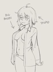 arrow big_breasts breasts english_text girl humor idiot open_clothes open_shirt original panties peakbuns shirt sketch stupid text