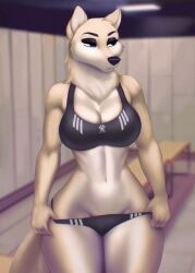 2022 anthro anya_isklo_(grizzlygus) aozee athletic athletic_female bench black_eyeshadow black_nose black_pupils blue_eyes bra breasts canine canine_humanoid cleavage cream_body digital_media_(artwork) eyebrows eyelashes female female_only furry furry_female furry_only inside locker_room mammal mammal_humanoid navel no_humans panties panties_down solo solo_female sports_bra sportswear tagme tan_body white_body white_sclera wolf wolf_humanoid workout_clothes