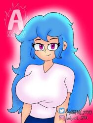 andynsfw_7770 artist_signature big_breasts blue_hair clothed cute female female_only friday_night_funkin original_sky_(friday_night_funkin) pink_eyes sky_(friday_night_funkin) smiling_at_viewer