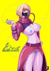 1girls big_breasts blonde_hair blue_nipples blue_pubic_hair bob_cut breasts breasts_out breasts_outside cigarette cyberpunk:_edgerunners cyberpunk_2077 cyborg exposed_breasts female female_only kiwi_(edgerunners) long_tongue mechabare nipples painted_nails pubes pubic_hair purple_eyes pussy short_hair teng_zhai_zi tongue tongue_out unusual_mouth vagina yellow_sclera