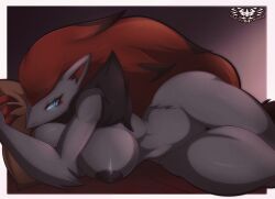 anthro big_breasts black_body black_fur breasts female fur genitals hair hi_res knightmoonlight98 nintendo nude pokémon_(species) pokemon pokemon_(species) pussy red_hair solo video_games zoroark