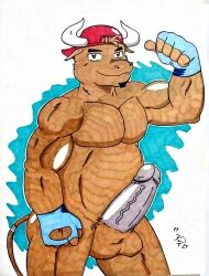 absurd_res anthro balls barazoku belly bovid bovine cattle clothing dashthefox flexing flexing_bicep genitals hat headgear headwear hi_res horn male mammal markers musclegut muscular pecs penis solo traditional_media_(artwork)