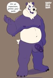 2022 anthro belly berrymilkbear dialogue english_text genitals giant_panda hi_res humanoid_genitalia humanoid_hands humanoid_penis male mammal moobs nipples overweight overweight_male penis purple_body solo text ursid white_body