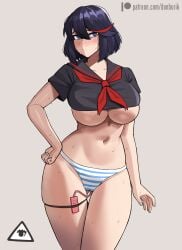 1girls 2022 black_hair blue_eyes blush breasts donburikazoku female female_only hi_res hips huge_breasts kill_la_kill light-skinned_female light_skin matoi_ryuuko no_pants no_skirt panties sailor_uniform sex_toy shimapan short_hair slim_waist solo striped_panties thick_thighs thighs underboob vibrator wide_hips