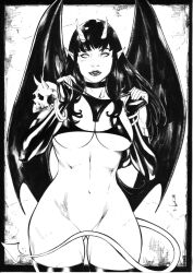 1girls bat_wings big_breasts black_hair demon_girl demon_tail dynamite_comics ed_benes_studio female female_only femme_fatale holding_thong long_hair looking_at_viewer micro_bikini purgatori sakkara_(character) seductive_look solo solo_female thong