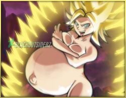 1girls belly big_belly big_breasts blackoutsiderz blonde_female blonde_hair breasts caulifla cleavage covering_breasts dragon_ball dragon_ball_super dragon_ball_z female huge_belly large_breasts outie outie_navel peace_sign pregnant ready_to_pop saiyan solo_female super_saiyan tongue_out