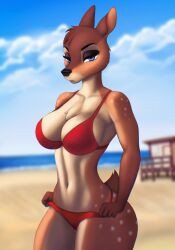 2022 anthro aozee beach bikini bikini_bottom bikini_top black_nose black_pupils blue_eyes blue_sky breasts brown_body brown_fur cervid cervid_humanoid chest_tuft clouds day deer digital_media_(artwork) doe female female_only fur furry furry_female furry_only holly_hart_(grizzlygus) large_breasts looking_at_viewer mammal mammal_humanoid navel no_humans pulling_panties red_bikini red_bikini_bottom red_bikini_top sky solo solo_female standing tagme white_body white_sclera