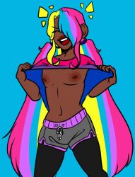 1other blue_background brown_nipples closed_eyes cookie_run dark_skin dj_cookie flat_chest happy human humanized lifted_by_self lifting_shirt long_hair multicolored_hair nipples open_mouth rainbow_hair shorts simple_background smile smiling standing twintails