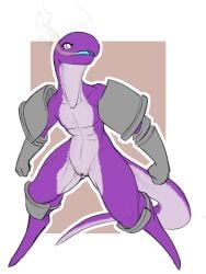 2019 anthro armor armor_only casual_exposure female flat_chested front_view full-length_portrait genitals hi_res lemurian mostly_nude portrait purple_body pussy pxym risk_of_rain risk_of_rain_2 scalie solo standing w4g4