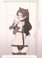 anal_tail animal_ears ass bangs bridal_gauntlets brown_hair cat_ears commentary_request crotchless crotchless_panties fake_tail female fishnet_sleeves highres humiyou idolmaster idolmaster_million_live! kitazawa_shiho long_hair panties parted_bangs pussy_juice reflection selfie solo sweat tail thighhighs underwear yellow_eyes