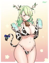 beauty_mark bell_collar bikini bikini_bottom bikini_top blush ceres_fauna choker cow_bikini cow_tail cowbell flowers_in_hair green_hair hololive hololive_english hololive_english_-council- hololive_english_-promise- horns large_breasts looking_back milk milk_carton pov virtual_youtuber yellow_eyes