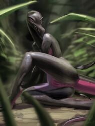 2019 anthro anus black_body blurred_foreground digital_media_(artwork) digital_painting_(artwork) female genitals grass looking_at_viewer nintendo nude plant pokémon_(species) pokemon pokemon_(species) presenting presenting_pussy purple_eyes pussy salazzle scalie solo video_games w4g4