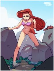 ariel belly_button bottomless breasts crab disney female fetish foot_in_water mermaid nervous peeing phinci piss_droplets pussy red_hair rocks shine the_little_mermaid urine urine_drip water watersports