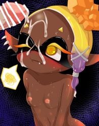 agent_3_(splatoon_3) animal_humanoid areola blonde_hair blush bodily_fluids breasts censored cephalopod cephalopod_humanoid cum cum_on_face cum_on_forehead dark-skinned_female dark_body dark_skin deep_cut_(splatoon) fangs female frye_(splatoon) genital_fluids genitals hair hi_res himimi humanoid inkling marine marine_humanoid mollusk mollusk_humanoid navel nintendo nipples one_eye_closed penis pink_areola short_hair small_breasts splatoon splatoon_3 video_games yellow_eyes