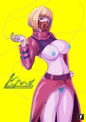 1girls big_breasts blonde_hair blue_nipples blue_pubic_hair bob_cut breasts breasts_out breasts_outside cigarette cyberpunk:_edgerunners cyberpunk_2077 cyborg exposed_breasts female female_only female_pubic_hair kiwi_(edgerunners) mask masked masked_female nipples painted_nails pubes pubic_hair purple_eyes pussy short_hair teng_zhai_zi vagina yellow_sclera