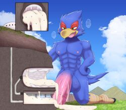 after_sex avian bird blue_body bodily_fluids cum cum_inside erection excessive_cum facility falco_lombardi flooding furry genital_fluids genitals hi_res internal machine macro milking_machine milking_machine_on_male mountain nintendo ofuro penile penis penis_milking star_fox tunnel video_games worship