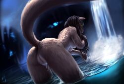 2019 anthro ass bathing bent_over bethesda_softworks breasts brown_body brown_fur dreadlocks felid female fur genitals hi_res khajiit mammal nisrrina_(chasertech) nude partially_submerged pussy rear_view solo spots the_elder_scrolls video_games w4g4 water waterfall