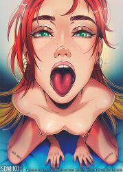 1girls close-up long_hair nude open_mouth piercing red_hair small_breasts solo somikoarts