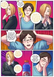 ass_expansion blonde_hair breast_expansion comic comic_page gender_transformation glasses green_eyes hair_color_change hair_growth male_to_female meowwithme(artist) mtf_transformation original original_character rule_63 text text_bubble transformation