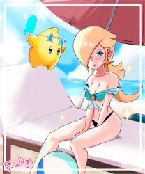 1girls 1other beach beach_ball beach_chair blonde_female cleavage female female_focus female_only looking_at_viewer lounge_chair luma mario_(series) ocean popsicle princess_rosalina revealing_clothes sparkle swimsuit ty_wilgs umbrella