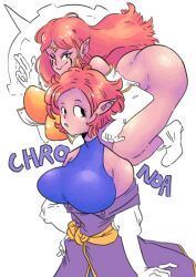 2girls ass ass_up bare_shoulders big_ass big_breasts breasts chronoa clothing core_person dragon_ball dragon_ball_super dragon_ball_xenoverse dragon_ball_z english_text gloves hand_on_hip jeyshea large_breasts long_hair looking_at_viewer nipple_bulge pink_hair pink_skin pointy_ears short_hair thick_thighs white_background