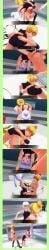 2girls bikini black_bikini blush catfight cuntbusting embarrassing fun humiliating laughing lifting lifting_person low_blow multiple_girls reb_bikini ring swimsuit_suit wrestling yuri