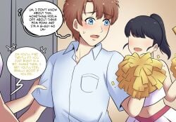 1boy blue_eyes brown_hair cheerleader color comic comic_page gender_transformation male_to_female meowwithme(artist) mtf_transformation original original_character rule_63 school_uniform transformation