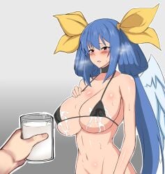 1girls angel_wings bangs bare_shoulders bikini black_bra blue_hair blush bra breasts breath choker dizzy_(guilty_gear) female fuuma_(bangolga1) glass groin guilty_gear hair_between_eyes hair_ribbon hair_rings half-closed_eyes hand_on_own_chest lactating_into_cup lactation lactation_through_clothes large_breasts long_hair looking_at_viewer mature_female milf milk monster_girl navel open_mouth outstretched_arm pov red_eyes ribbon sidelocks skindentation solo solo_focus stomach string_bikini sweat sweatdrop twintails wings yellow_ribbon