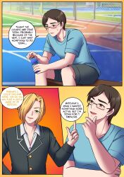 2boys blonde_hair color comic comic_page gender_transformation genderswap_(mtf) glasses green_eyes male_to_female meowwithme(artist) mtf_transformation original original_character rule_63 text text_bubble transformation