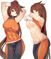 abs adjusting_hair armpits arms_behind_head arms_up breasts brown_hair clothes_lift covered_erect_nipples dnf_duel dungeon_and_fighter extremely_long_hair female fighter_(dungeon_and_fighter) hand_wraps highres jmori44 large_breasts long_hair muscular muscular_female no_bra ponytail shirt_lift sleeveless solo striker_(dungeon_and_fighter) sweat taking_clothes_off underboob undressing very_long_hair