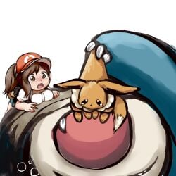 blush clothing crying eevee elaine_(pokemon) large_breasts open_mouth pokemon pokemon_lgpe snorlax vore