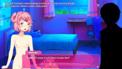 !? 1girls bed curtain dadsuki ddlc_text_box doki_doki_literature_club duo english_text father_and_daughter female flat_chest human naked natsuki_(doki_doki_literature_club) no_clothes nude open_mouth panel pink_eyes pink_hair room shadow small_breasts standing suprised text text_box window